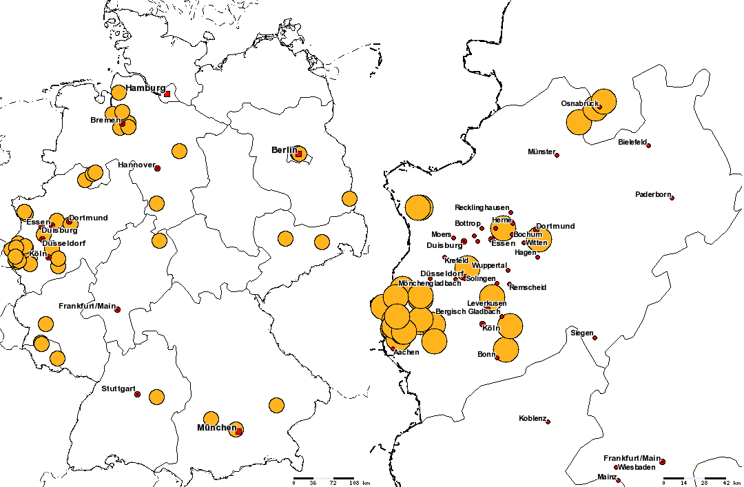 Distribution of finetype B : P1.7-2,4 : F1-5 in Germany und North Rhine-Westphalia